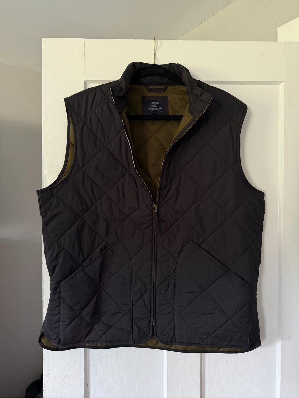 J. Crew Black Quilted Men's Vest with Olive Lining